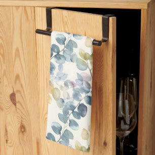 Colourful Rustic Eucalyptus Watercolor Leaves Tea Towel