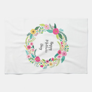 Colourful Rustic Floral Wreath Tea Towel