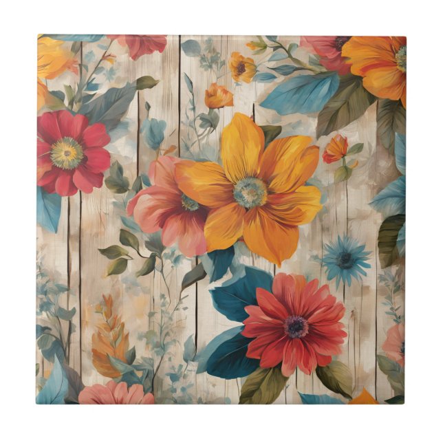 Colourful Rustic Flower  Tile (Front)