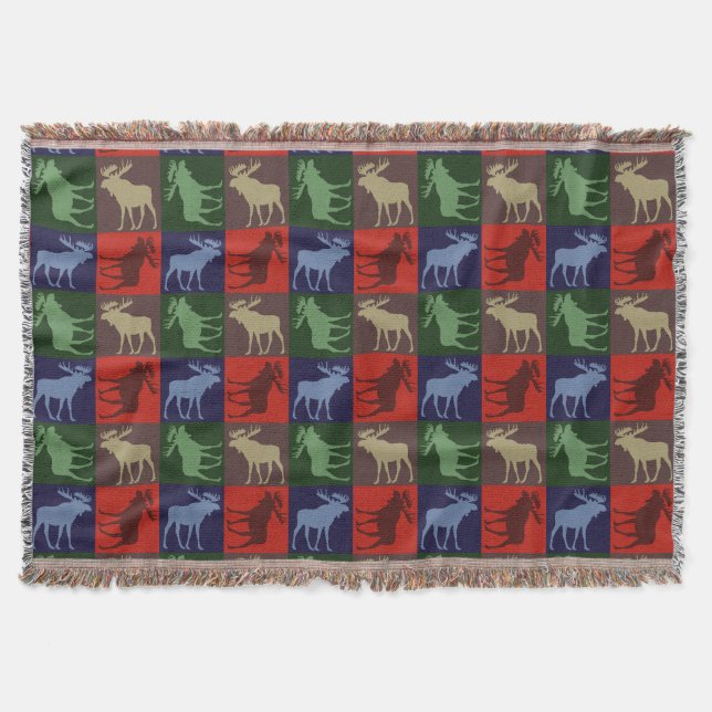 Colourful rustic moose four square throw blanket (Front)