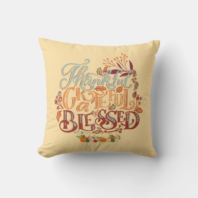Colourful rustic Thankful Grateful Blessed Cushion (Front)