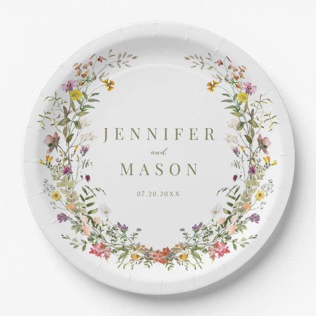 Colourful rustic wildflower wedding paper plates (Front)