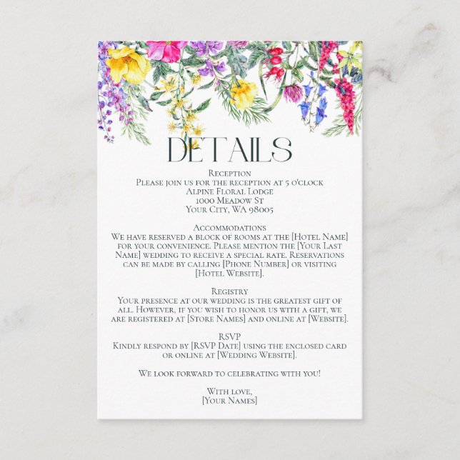 Colourful Rustic Wildflowers Herbs Wedding Details Enclosure Card (Front)
