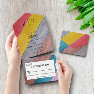 Colourful rustic wood All in One Wedding Invite