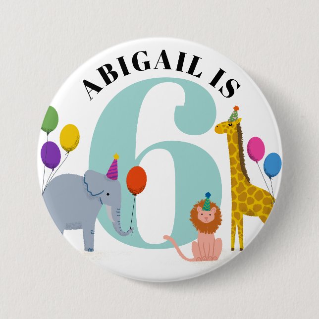 Colourful Safari Animals Birthday Name and Age 7.5 Cm Round Badge (Front)