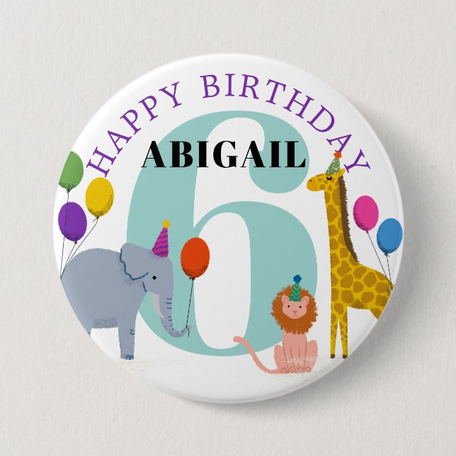 Colourful Safari Animals Happy Birthday Name Year 7.5 Cm Round Badge (Front)