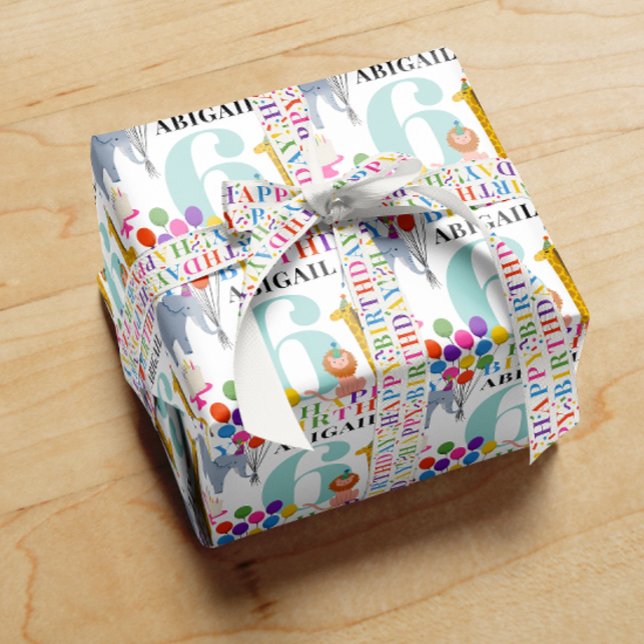 Colourful Safari Animals Happy Birthday Name Year Wrapping Paper (safari party animals gift wrap with happy birthday ribbon)