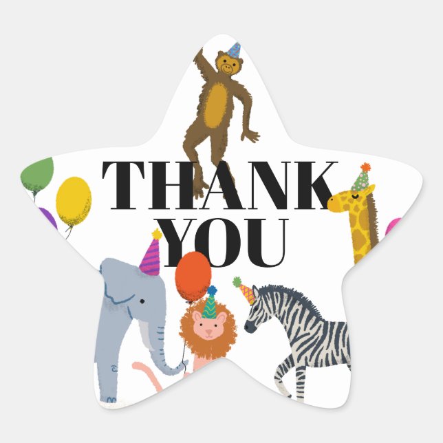 Colourful Safari Party Animals Birthday Thank You Star Sticker (Front)