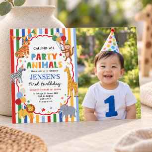 Colourful Safari Party Animals Boy Birthday Photo Invitation