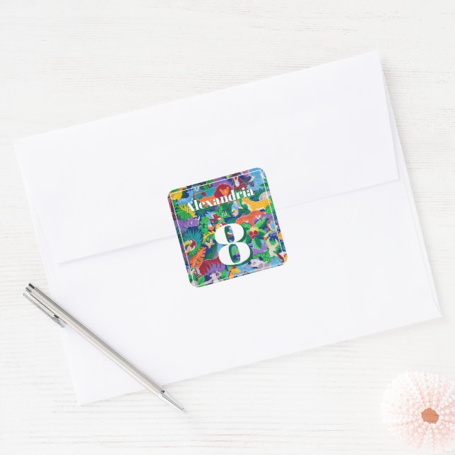 Colourful Safari Theme Birthday Busy Square Sticker (Envelope)