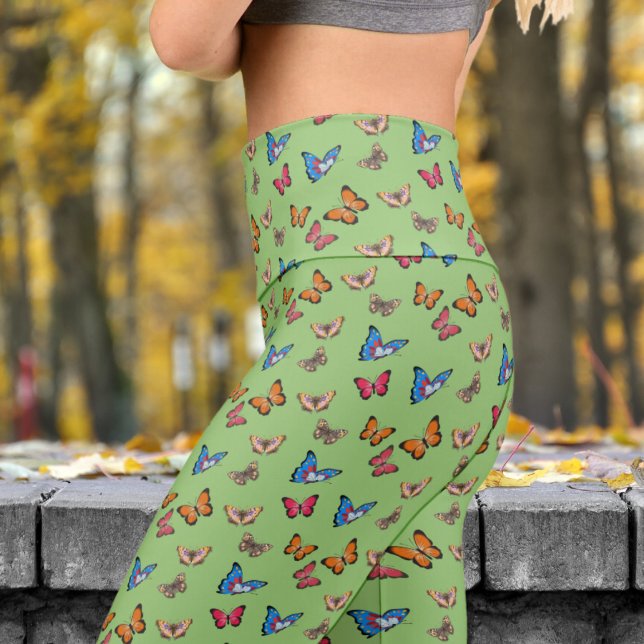 Colourful Sage Butterflies Pattern Capri Leggings (Colorful Butterflies on Sage )