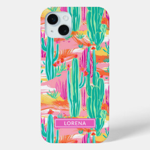 Colourful Saguaro Cacti Personalised iPhone 15 Mini Case