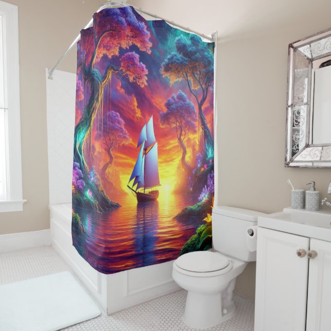 Colourful Sailboat Shower Curtain (In Situ)
