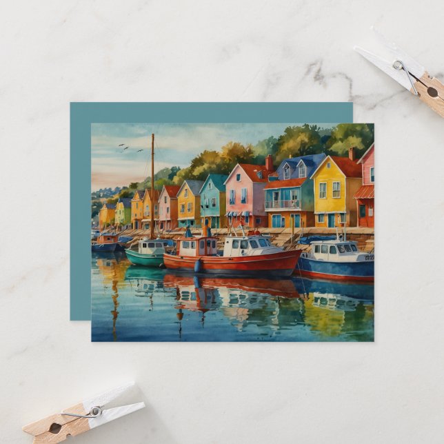 Colourful Sailboats at Marina Greeting Card (Front/Back In Situ)