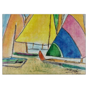 Colourful Sailboats On Beach Cutting Board