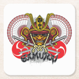 Colourful Samurai Emblem Square Paper Coaster