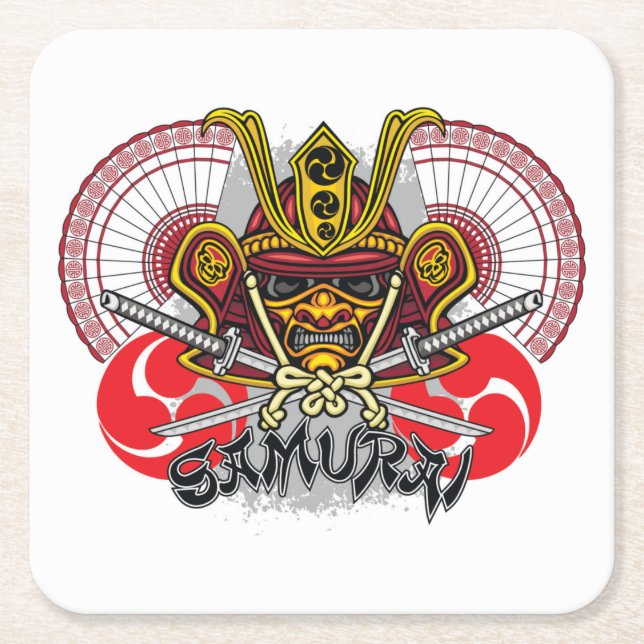 Colourful Samurai Emblem Square Paper Coaster (Front)