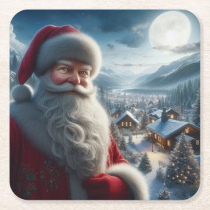 Colourful Santa Claus Resting Before Continuing on Square Paper Coaster