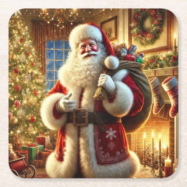 Colourful Santa Claus Resting Before Continuing on Square Paper Coaster (Front)