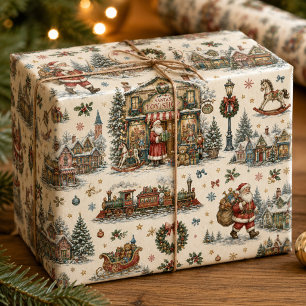 Colourful Santa Toy Shop Village Christmas Toile Wrapping Paper