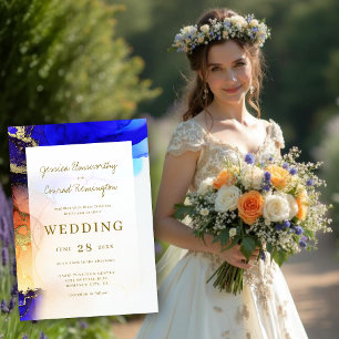 Colourful Sapphire Blue Gold Orange Wedding Invitation