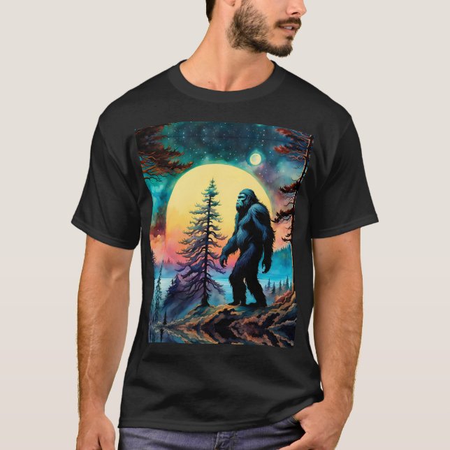 Colourful Sasquatch Full Moon Pine tree T-Shirt (Front)