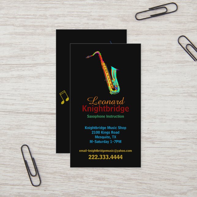 Colourful Saxophone Business Card (Front/Back In Situ)