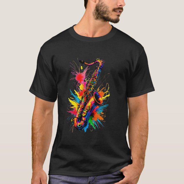 Colourful Saxophone Music Jazz Teacher player cool T-Shirt (Front)