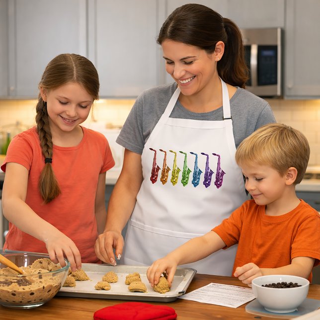 Colourful Saxophone Standard Apron (An apron with a rainbow lineup of saxophones.)