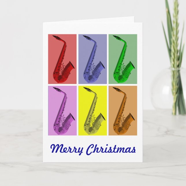 Colourful Saxophones  Merry Christmas Card (Front)
