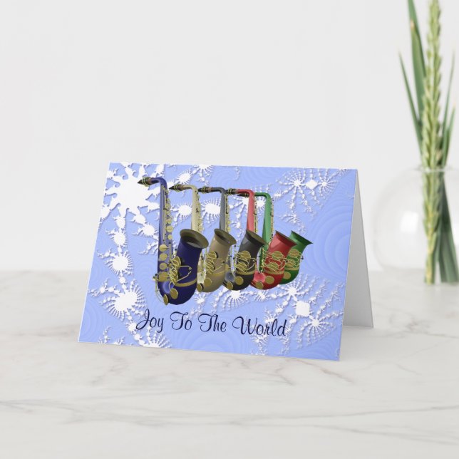Colourful Saxophones Snow Flakes Design Holiday Card (Front)