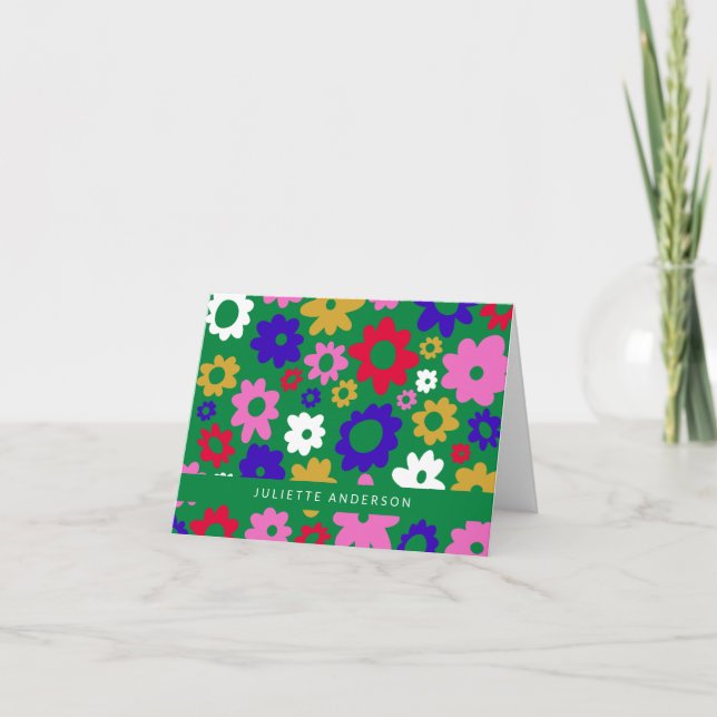 Colourful Scandinavian Flowers Green Personalised Note Card (Front)