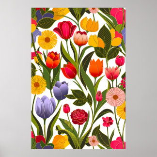 Colourful Scandinavian Flowers Leaves Floral Art Poster