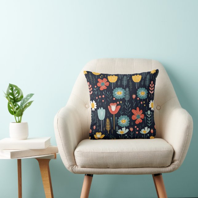 Colourful Scandinavian Folk Art Floral Cushion (Chair)