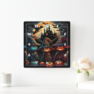 Colourful scarecrow trio by full moon square wall clock