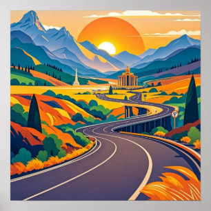 Colourful Scenic travel adventures on winding road Poster