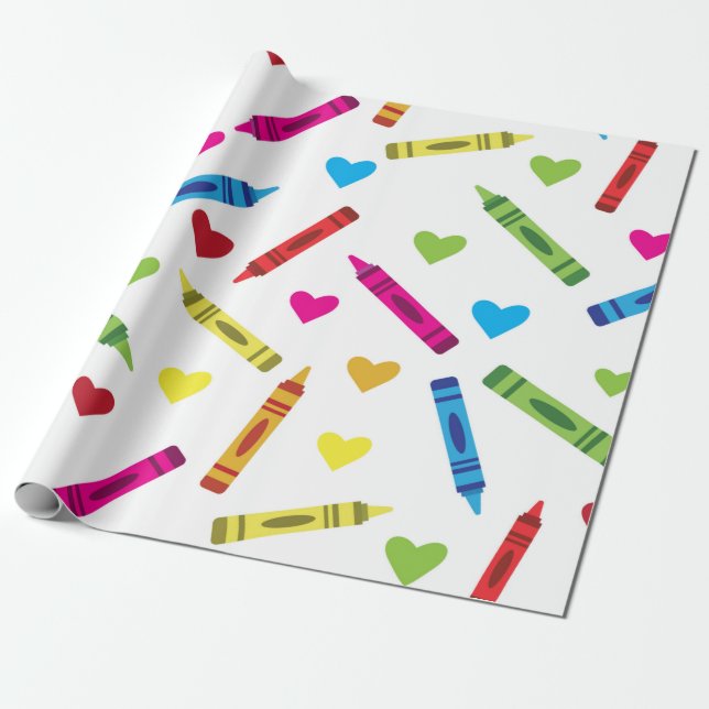 Colourful School Crayons Pattern with Hearts  Wrapping Paper (Unrolled)