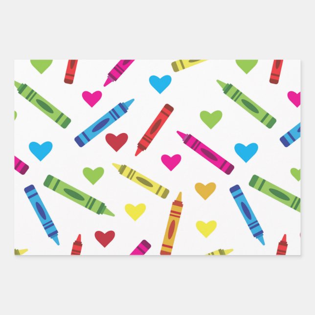 Colourful School Crayons Pattern with Hearts  Wrapping Paper Sheet (Front)