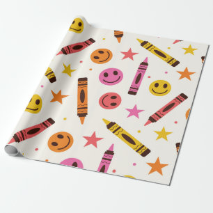 Colourful School Crayons with Happy Faces Pattern Wrapping Paper