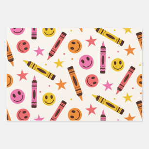 Colourful School Crayons with Happy Faces Pattern Wrapping Paper Sheet