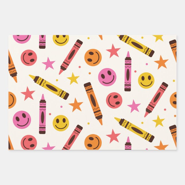 Colourful School Crayons with Happy Faces Pattern  Wrapping Paper Sheet (Front)