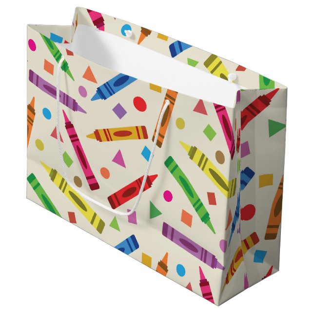 Colourful School Crayons with Shapes Pattern Large Gift Bag (Front Angled)