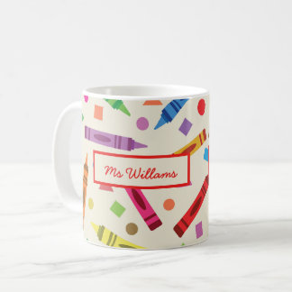 Colourful School Crayons with Shapes Teacher Name Coffee Mug