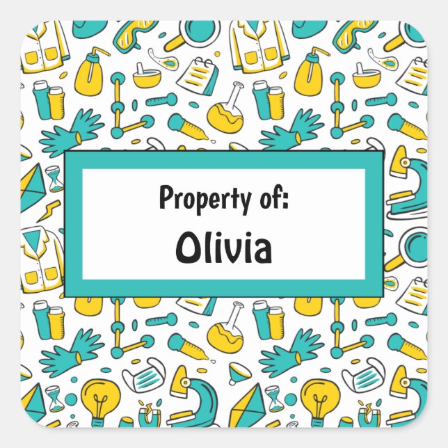 Colourful School Science lab Pattern Personalised Square Sticker (Front)