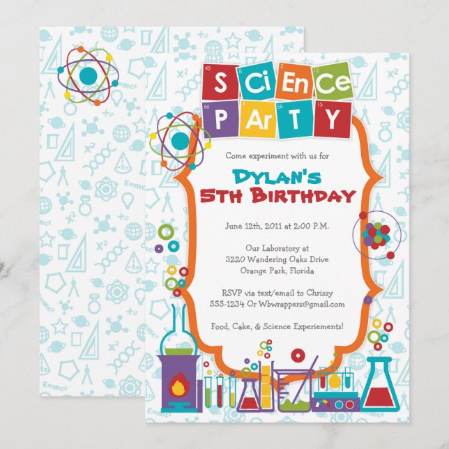 Colourful Science Themed Party Invitation (Front/Back)