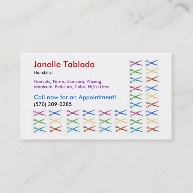 colourful scissors, hairstylist, business card (Front)
