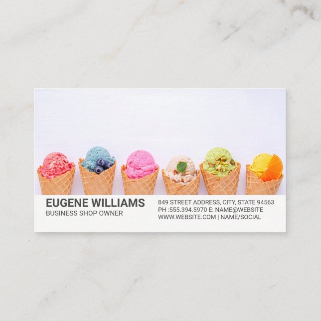 Colourful Scoops of Ice Cream in Cones Business Card (Back)