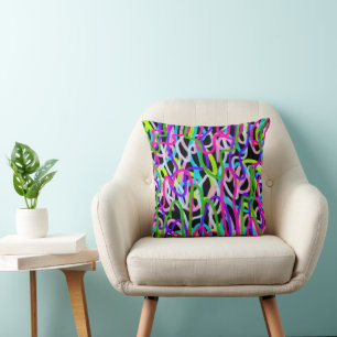 Colourful Scribble Art on Black Cushion