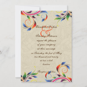 Colourful scroll leaf on beige wedding invitation
