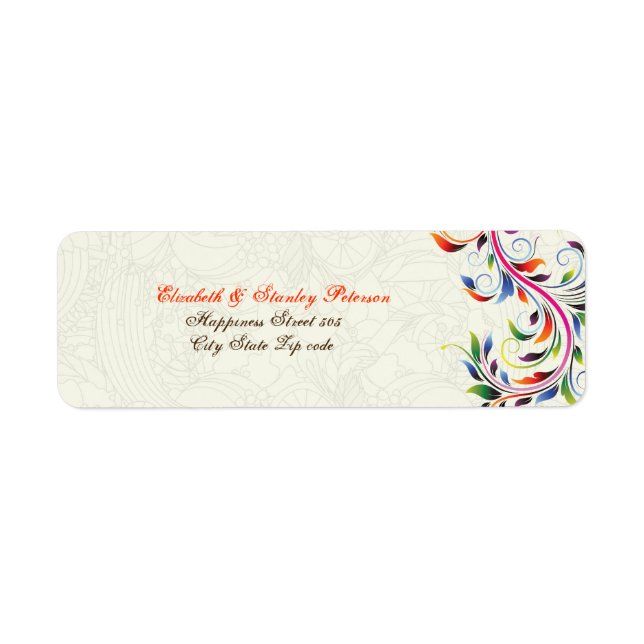 Colourful scroll leaf on ecru wedding label (Front)
